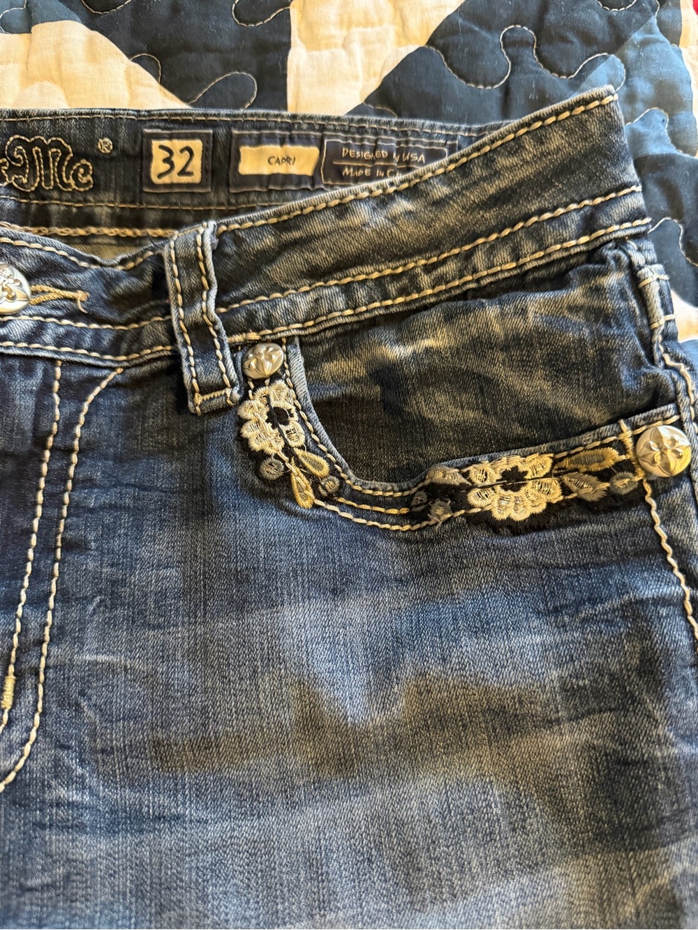 Miss Me Dark Blue Denim Jeans with Cream Embroidered Pocket Trim